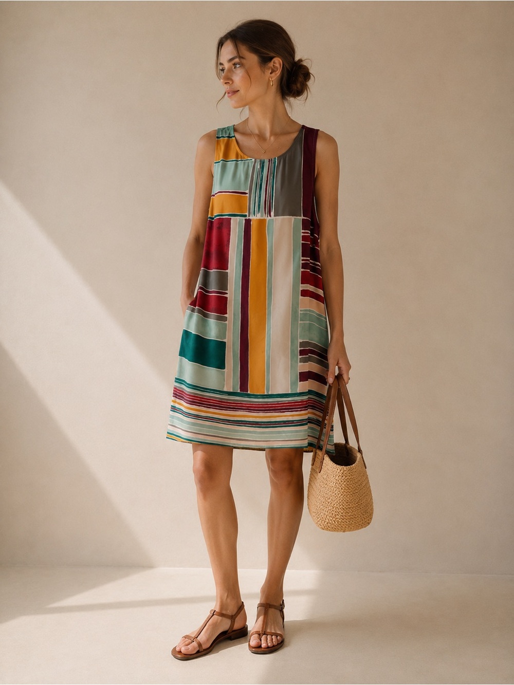 LOFT Outlet Sleeveless Multicolor Color block Stripe Shift Dress - Size MP